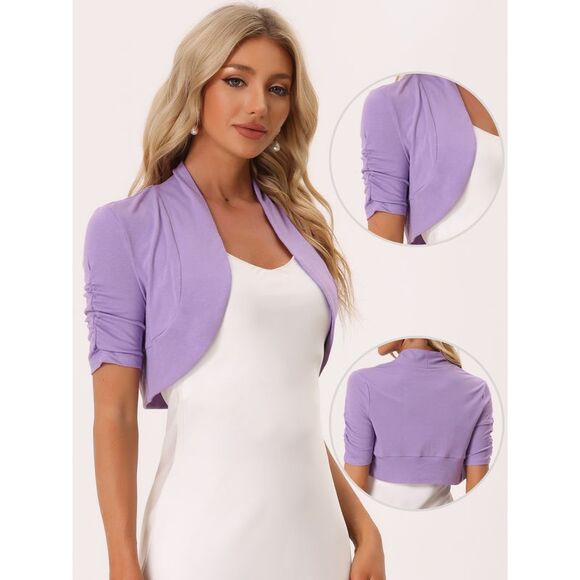 Short Sleeve Shrugs Ruched Sleeve Open Front Cropped Bolero Lilac - Picture 2 of 5